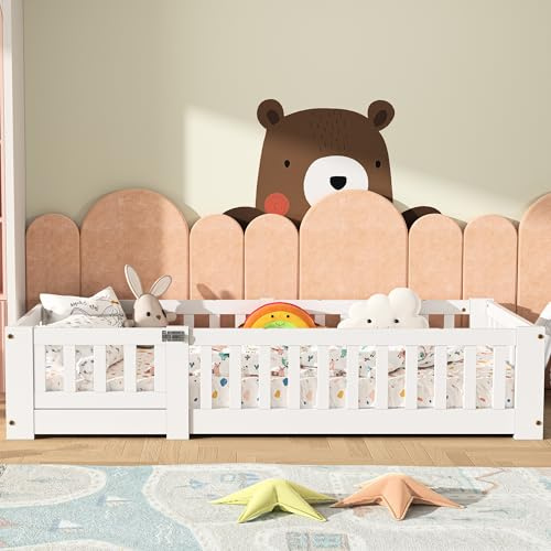 Kinderbett, 120 x 200 cm, Massivholz, Montessori-Bett mit Sicherheitsbarriere und Lattenrost, stabiler Einzelbettrahmen für Jungen und Mädchen, modernes Design, Weiß