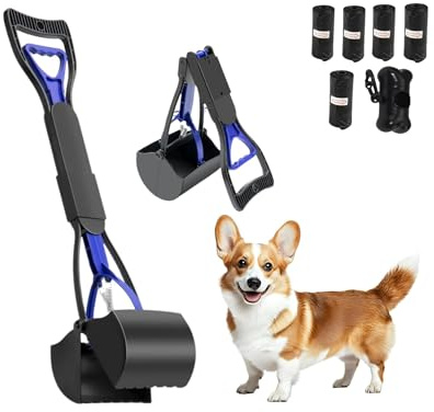 Paletta Raccogli Feci per Cani 70cm con 5 Rotoli di Sacchetti – Pinza Igienica per Escrementi Cani, Portatile Pieghevole, Materiale ABS+PP, Facile da Usare, Pulizia Rapida per Esterni e Passeggiate
