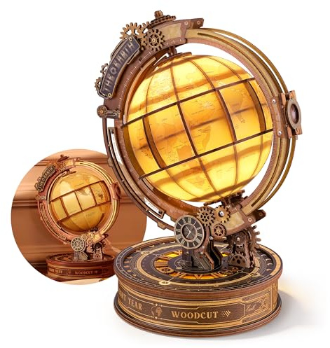 FUNPOLA 3D Holzpuzzle Star Orbit Globe, LED Steampunk Globus Bausatz mit Rotierender Weltkarte, Mechanisches DIY Modell, Vintage Deko Geschenk für Erwachsene (14+)