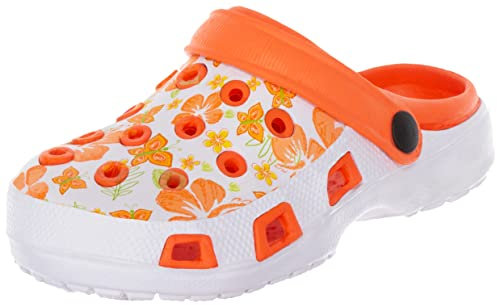 Brandsseller Sabots Femmes Chaussure de Jardin Pantoufle Plage Sandales Clogs Motif de Fleurs - Orange/Blanc - 38 EU