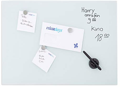 Relaxdays Tableau mémo magnétique, Verre de Protection, Panneau Pense-bête, 3 aimants, 80 x 50 cm, Blanc