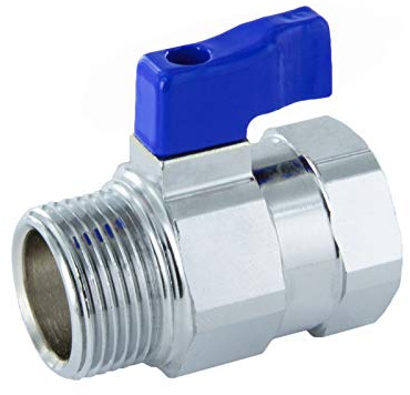 1/2 Mini Kugelhahn I Absperrventil I Messing I verchromt I blauer Hebelgriff I reduzierter Durchgang I PN 16 I BSP I Innengewinde x Aussengewinde I MF