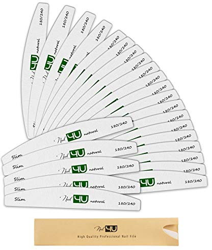 Pack of 25 Nail Files Half Moon Professional Thin Emery Boards for False Nails Acrylic Gel Tips Manicure tools by Nail4U 180/240 Grit, Double sided Slim Nail File