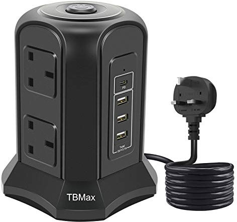Tower Extension Lead with USB Extension Cord 2Meter, 6 Way Multi-plug Sockets Compact Charging Station Vertical Power Strip with Switches for Home, Office