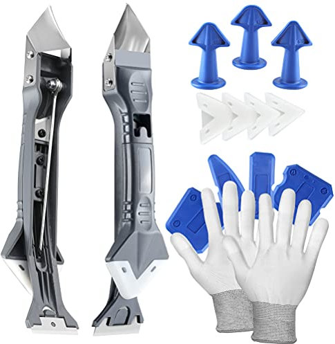 Outils de l'enlève joint 5 en 1(acier inoxydable) grattoir, kit de Lisseur de joints Silicone grattoir à coulis avec grattoir d’angle, Joint Calfeutrage Outils, Buse de calfeutrage, Gants de travail