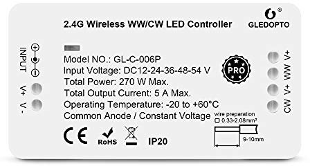 GLEDOPTO ZigBee Contrôleur CCT pour bande LED blanche tuneable blanc chaud à blanc froid pour 12 V 24 V testé avec Philips Hue*, Amazon Echo, Homey (série CCT Pro)