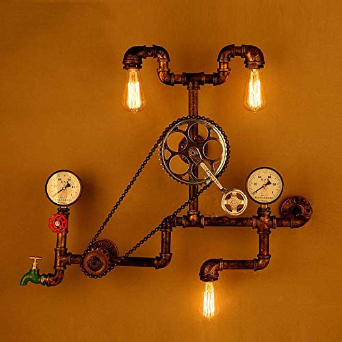 LANMOU Vintage Industrie Wandlampe Retro Wasserrohr Wandleuchte Water Pipe Lampe 3 Flammig mit Manometer und Rad Lager, E27, Steampunk Metall Wandbeleuchtung für Innen Wanddekoration, Rost Farbe