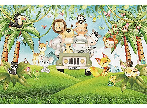 Renaiss 2.2x1.5m Dschungel Tiere Geburtstag Hintergrund Nettes Tier Grün Auto Palme Rasen Fotografie Hintergrund Kind Geburtstag Party Dekor Baby Dusche Kuchen Tisch Banner Fotostudio Requisiten