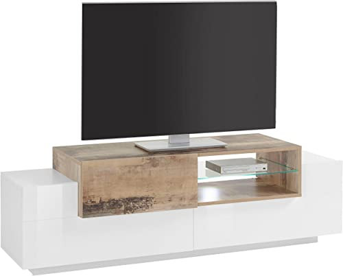 möbelando TV-Lowboard Fernsehtisch Unterschrank HiFi Element Rack Schrank Catania I Weiß Hochglanz/Ahorn Nachbildung