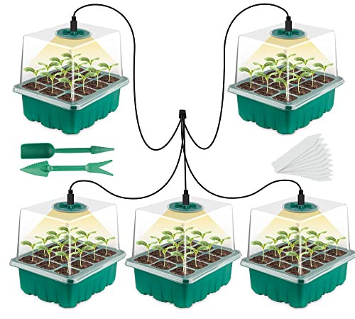 BTONGE Nuevo Bandejas de Semillas, 5 Piezas, 10 Celdas Cultivo de Mini Invernadero, con Luz de Cultivo Solar de Espectro Completo, Caja de Cultivo De Invernadero Interior con Tapa y Ventilaciones