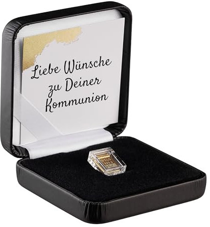 Gold zur Kommunion - Goldbarren 1g in hochwertiger Kapsel inkl. Etui und Grußkarte (Etui schwarz)