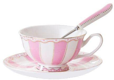 Pfedxoon Bone China Tea Cup Set with Saucer Spoon (240ml) - Cappuccino & Latte Cups, British Style Porcelain Tea Set - Mother's Day Gift (Pink Stripe)