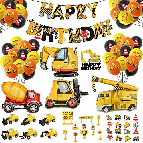 Bagger Geburtstag Deko Set, StarryTiger Baustelle Geburtstag Deko mit 6 Tortendeko Bagger, Bagger Luftballons, Happy Birthday Banner und Baustelle Tortendeko, Kindergeburtstag Deko Jungen