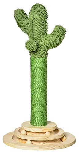 PawHut Katzen Kratzbaum Kaktus Katzenbaum Kiefernholz Sisal Seil Kratzstamm mit Holzkugel-Katzenspielzeug für Katzen 60 cm Hoch Grün+Natur