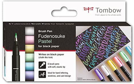 Tombow | Estuche 6 Rotuladores Fudenosuke Hard Colores Pastel | Pincel para Lettering, Caligrafía, Contornos, Dibujo, Ilustraciones, Esbozos | Punta Elastica Dura | Resistente al Agua