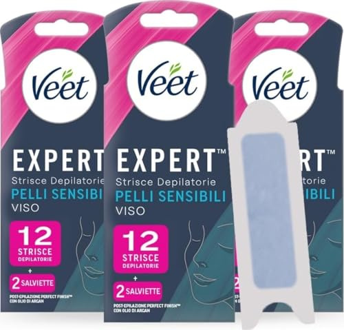 Veet Expert Strisce Depilatorie Viso, Ceretta per Pelli Sensibili con Olio di Mandorla, Dermatologicamente Testate, 36 Strisce (3x12 Strisce) + 6 Salviette Post-Epilazione con Olio D'Argan