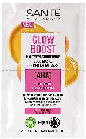 SANTE Naturkosmetik Glow Boost Hautverschönernde Gold Maske mit AHA, Hyaluron & Algen-Extrakt, 8 ml