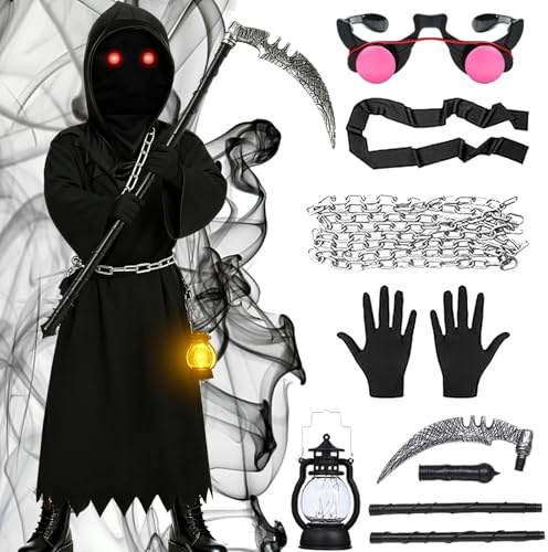 Maryparty Grim Reaper Costume Kids Adults Scary Scythe Grim Reaper Costumes for Halloween Party (KIDS, S)
