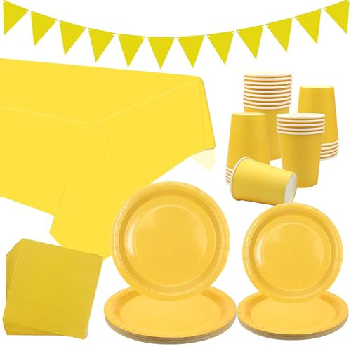 LSJDEER Yellow Party Tableware Supplies - Serves 40, Yellow Pastel Party Decoration Dinnerware Includes Plates, Cups, Napkins, Banner, Tablecloth for Wedding Birthday Party Baby Shower (Yellow, 40)