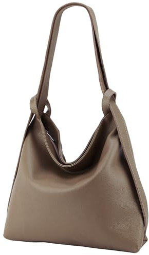 SH Leder 2in1 Handtasche Rucksack Damen Schultertasche DayPack CityRucksack aus Echt genarbt Leder (B 37cm x H 35cm) Rica G699 (Dunkeltaupe)