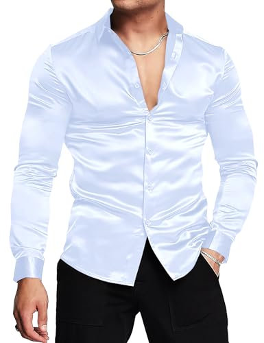 URRU Camicia da uomo di lusso in seta lucida come raso camicia a maniche lunghe casual slim fit muscolo abbottonatura camicie, Viola chiaro, XL