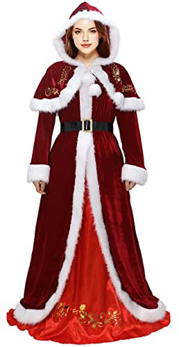 Claofoc Weihnachtskostüm Damen Erwachsene Miss Santa Clause Deluxe Rot Sexy Langes Kleid Plus Größe Weihnachten Anzug Outfit mit Kapuze Cape Hut für Party Cosplay (2XL)