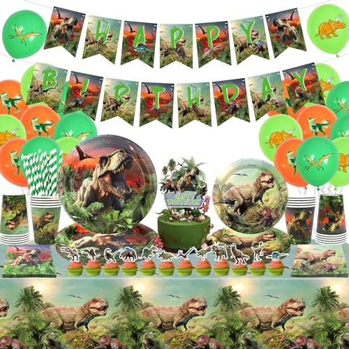 Obussgar Dinosaurier Geburtstag Party Dekorationen - Dinosaurier Party Zubehör einschließlich Banner, Kuchen Topper, Teller, Tassen, Servietten, Tischdecken, Luftballons- für 20 Gäste (Banner)