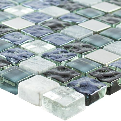Glas Naturstein Edelstahl Mosaiksteine Dysart Grau Blau Silber Bad Dusche Fliese