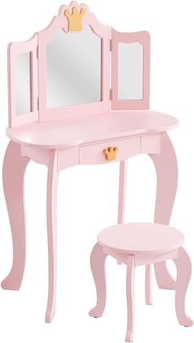 LUNSY 2-in-1-Prinzessin-Schminktisch für Kinder – Schminktisch mit Spiegel, Hocker, dreifach klappbarem Spiegel und Schublade – Holz-Schminktisch zum Spielen für Kleinkinder