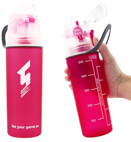 Qshare Sprüh Trinkflasche, sportflasche für die Hydratisierung und Kühlung von Outdoor-Sportarten, FDA-geprüft, BPA-frei mit einzigartigem Sprühverschluss (Rosenrot 500ml)