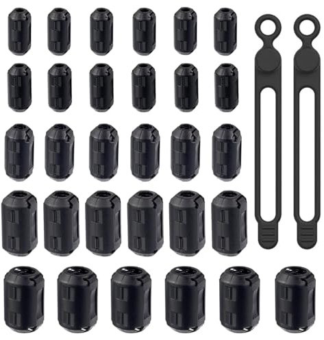 HAPPOW 30 Stück Ferritkerne, Ferritkerne für Kabel, Klappferrit 3.5/5/7/9/13mm, Ferritfilter Clip, Ferrit Ring, mit 2 Kabelbinder, für Kabel, USB-Kabel, Mauskabel, Tastaturkabel (Schwarz)