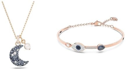 Swarovski Luna Halskette, Mehrfarbige, Rosé Vergoldete Damenhalskette mit Mondanhänger und Strahlenden Kristallen & Symbolic Armreif, Böser Blick, Blau, Metallmix