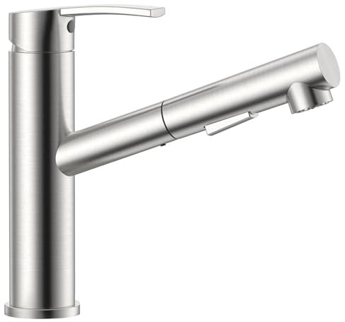 APPASO Wasserhahn Küche, Edelstahl Küchenarmatur mit Brause Ausziehbar & 2 Strahlarten, Mischbatterie Spültischarmatur Armatur Küche 360° Schwenkbar, Gebürstetes Edelstahl, Hochdruck