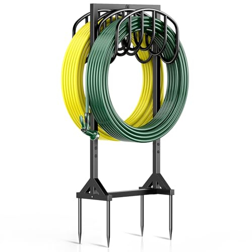 HeroicLion Gartenschlauchhalter, freistehend, Wasserschlauchhalter für den Außenbereich mit 4 Spikes, Schlauchtrommel, doppelseitig, robuster Metall-Schlauchständer, hält 45,7 m Schlauch,