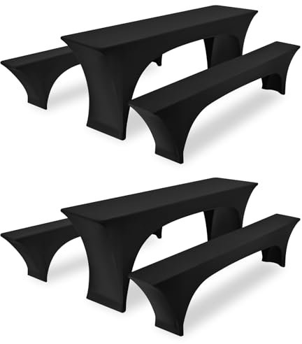 Zwei 3er-Sets Elastische Biertischhussen, Schwarze Biertisch und Bankabdeckung,50 cm Tischbreite, 220 x 50 x 70 cm Bierzeltabdeckung für Bankett-Partys im Freien Bierbank