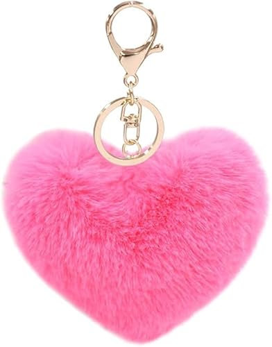 MVKZFE Porte-clés en fausse fourrure avec pompon en forme de cœur - Accessoire de sac à dos - Pour femme et fille, rose vif