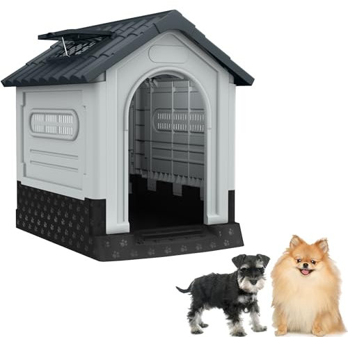 SUBTLETY Hundehütten 56.5x65x67cm PP Kunststoff Tierhäuser Bausatz mit wasserdichte Dach & Belüftungsöffnung Fenster & Erhöhtem Fußboden Haustierhütte für Draußen & Innen