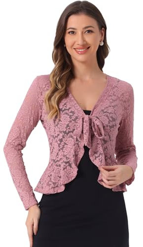 Allegra K Lace Bolero for Women's Christmas Tie Front Cardigan Ruffled Hem Formal Office Sheer Crop Shrug X-Large Dark Pink