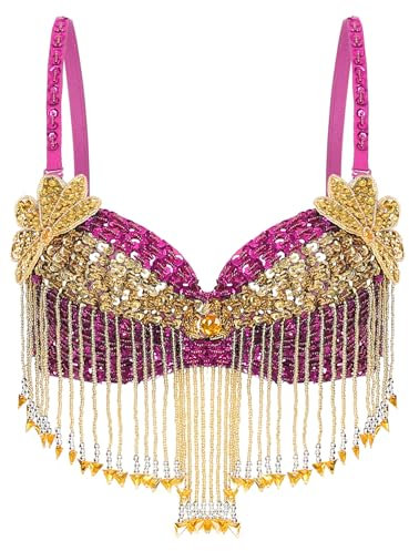 CHICTRY Soutien-Gorge Danse du Ventre à Paillettes avec Perles Femme Brillant Bra Rembourré Débardeur Paillettes Danse Orientale Performance Rose Vif Taille Unique