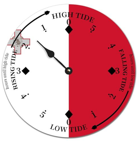 Yelolyio Malta runde Wanduhr, Mond, Gezeitenuhr, Malta-Nationalflagge, Ozeanzeit, Wanduhr, Holzuhr, Küstenuhr mit hoher und niedriger Gezeitendekoration, für Strandhaus, 38,1 x 38,1 cm