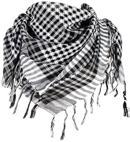 OMCGG Keffieh Palästinensischer Schal, 100 x 100 cm, vielseitiger Keffieh Schal, weich, Palästina, Arafat, Militär, Taktik, arabisch, Wüste, Halstuch für Männer und Frauen, Decke, Schwarz und Weiß,