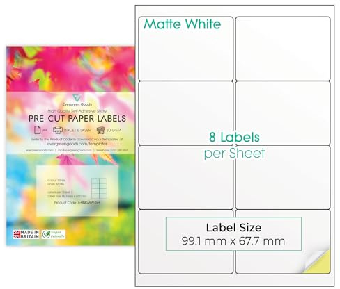 Evergreen Goods A4 Etiketten selbstklebend bedruckbar, 30 Blatt matt weiß | Aufkleberpapier zum Selbst Bedrucken für Inkjet- und Laserdrucker, 240 Etiketten, 8 pro Blatt (2x4), vorgeschnitten