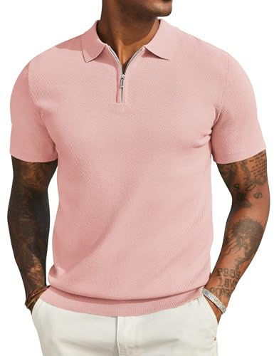 COOFANDY Homme Tricoter Polo T Shirt Été Fermeture Éclair Polo Homme Manches Courtes Extensible en Tricot Golf T Shirts Rose S
