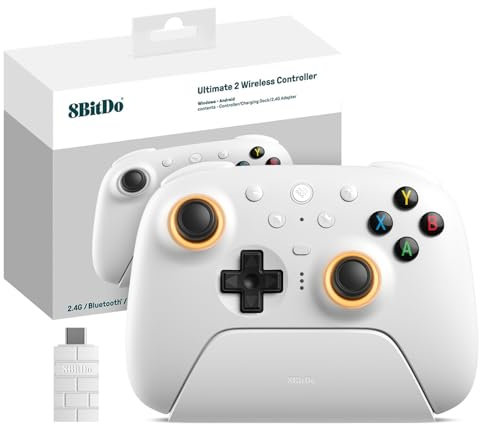 8Bitdo Ultimate 2 Controller Wireless 2.4G per PC Android, Joystick TMR, Effetto Hall Commutabile/Trigger Tattili, Anello Fuoco RGB, 8Speed Wireless Tech Gaming Controller con Dock Ricarica, Bianca