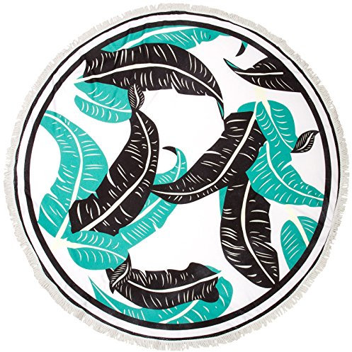 Caspar STT001 XL Frottee Strandtuch Badetuch Saunatuch Picknick Decke groß rund mit Fransen verschiedene Motive, Farbe:BLÄTTER mint/schwarz, Größe:One Size