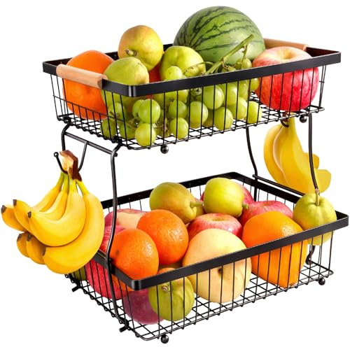 FoiiLiio Obstkorb mit 2 Ebenen Obstschale Schwarz Metall Obst Etagere 2 Stöckig für Küche, Theke, Gemüsekorb mit Holzgriff für Brot, Gemüse- Abnehmbarer Obst Aufbewahrung