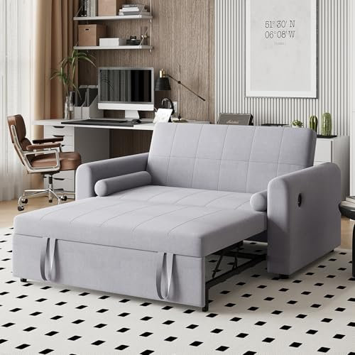 Hadibio 2 Seater Sofa Bed, 3 in 1 Convertible Sleeper Bed with USB & Type-C Ports, Pull Out Double Sofa Bed with Adjustable Backrest, Full Size Fabric Couch Bed for Living Room/Apartment, Light Grey