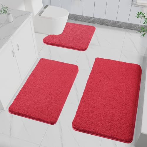 LUOJINYI 3 Stück Badematte rutschfest, Weich Wasserabsorbierende, Shaggy Hochflor-Mikrofasermatte für das Badezimmer, Badvorleger Maschinenwaschbar für Badewanne, Dusche und Badezimmer (Rot)
