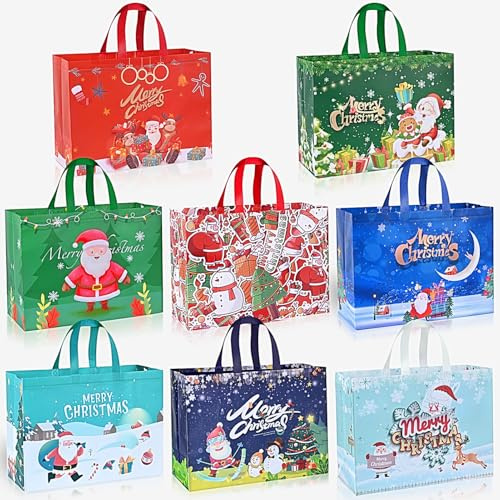 RICEDUO 8 Pcs Geschenktüten Weihnachten Extra große, wiederverwendbare Weihnachten Geschenk Taschen mit Griff, Non-Woven Weihnachts Geschenktüten für Urlaub Party Favors, 43x32x18 cm