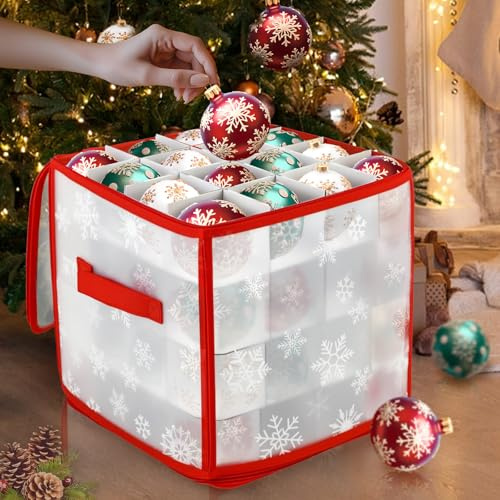 Aufbewahrungsbox für Weihnachtsschmuck, ZoneYan Aufbewahrungsbox für Christbaumkugeln, Sortierbox mit Tragegriff, Sortierboxen Zusammenklappbar, 64 Fächer (Schneeflocken)